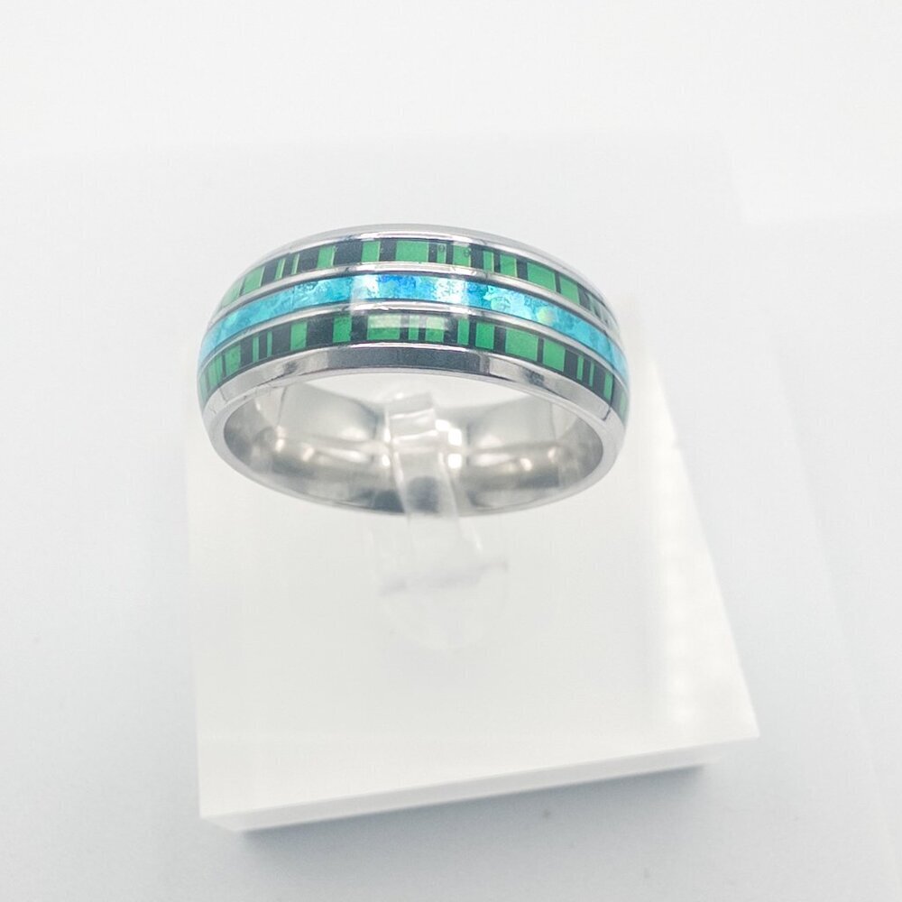 Stainless Steel Ring with Green and Blue Inlay - Picture 12 of 17